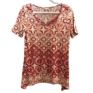 Como Blu Womens Top Medium Red Abstract V-neck Shirt Short Sleeve Geometric Boho